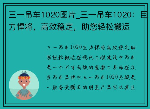 三一吊车1020图片_三一吊车1020：巨力悍将，高效稳定，助您轻松搬运