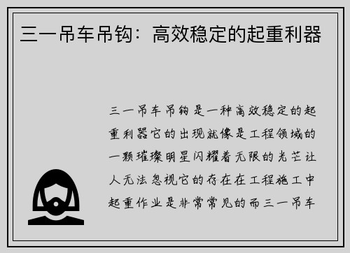 三一吊车吊钩：高效稳定的起重利器