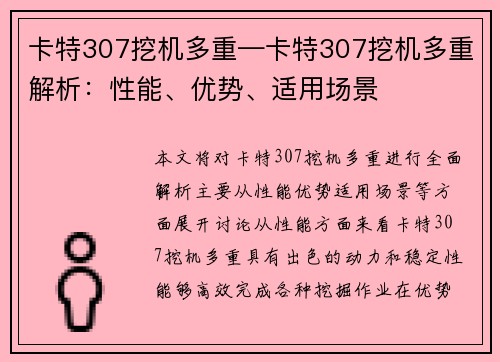 卡特307挖机多重—卡特307挖机多重解析：性能、优势、适用场景